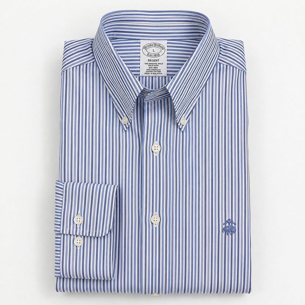 Mens L Brooks Brothers Dress Shirts‎ Blue White Striped Non-Iron Logo Regent Fit